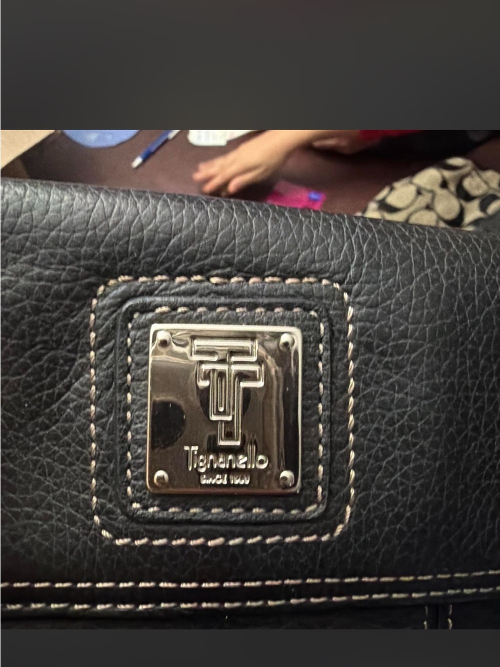 Tignanello Black Pebbled Leather Shoulder Bag with Silver Plate
